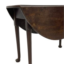 George III mahogany table, oval drop-leaf top on cabriole supports, gate-leg action base 