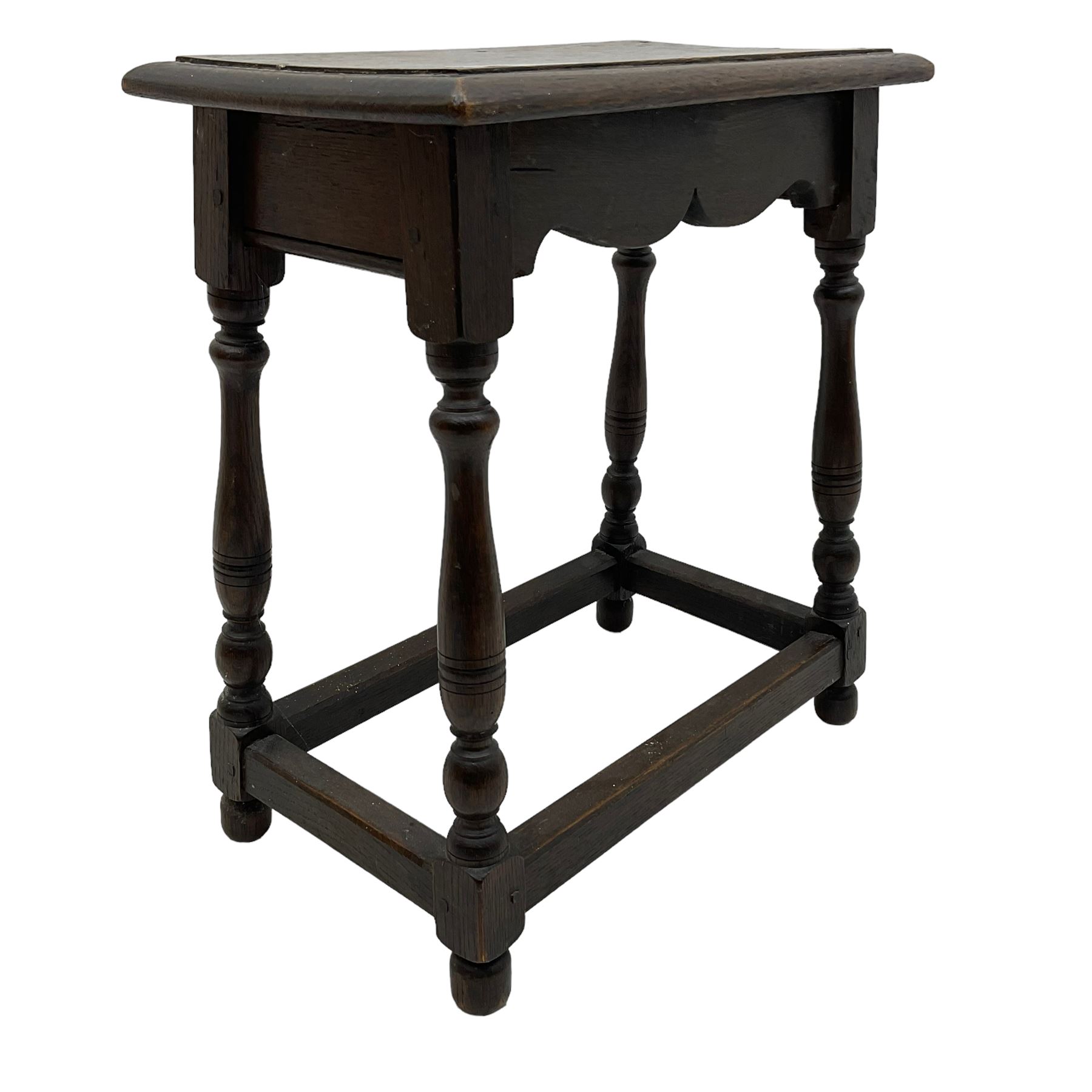 17th century design oak joint stool, moulded rectangular top on turned supports united by plain stretchers 