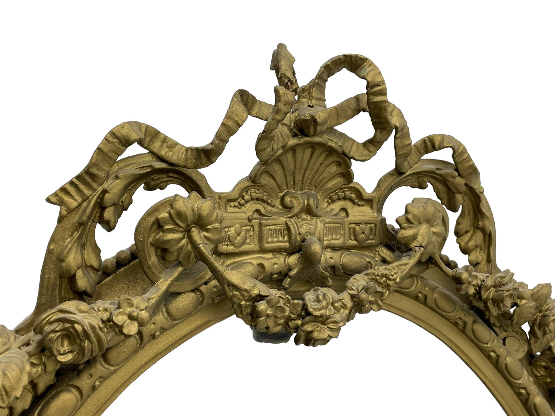 19th century giltwood and gesso girandole wall mirror, the raised pediment decorated with ribbon tie over curled acanthus leaves and flowerhead festoons, oval egg and dart moulded frame with outer bead, three projecting candle sconces in the form of scrolled acanthus leaves, lower shell motif with extending leaf decoration 