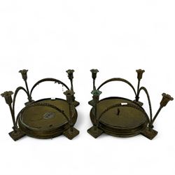 Pair of early 20th century brass plafonniers or ceiling lights, each of circular form with four sconces, joined by four leafy swags, lacking glass shades, W41cm x H28cm approx. (2)