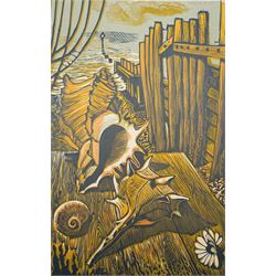 Frederick George Austin (British 1902-1990): Seashells by Groynes, colour linocut signed i...