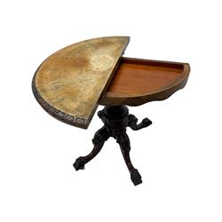 Victorian walnut demi-lune card table, circular fold-over top with foliate carved edge, revealing green baize-lined playing surface over scalloped apron, raised on a turned and carved pedestal with four splayed scroll supports with castors