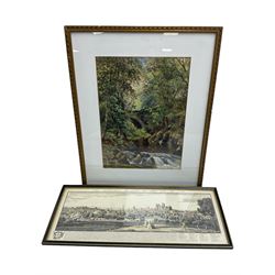 English School (Early 20th century): River Landscape with Stone Bridge, watercolour and gouache unsigned, together with a reproduction Buck engraving of York (2)