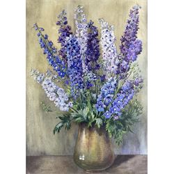 Florence Raingill Walker (British 20th Century): Purple Delphiniums, watercolour signed 77cm x 54cm 