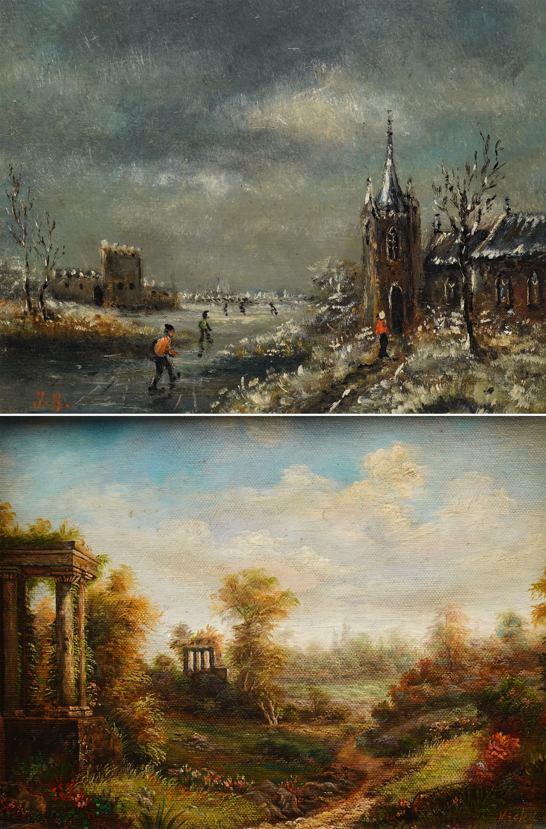 JB (Dutch 20th Century): Skating on a Frozen Lake, oil on panel signed with initials 22cm x 28cm; English School (20th Century): Landscape with Ancient Ruins, oil on canvas indistinctly signed 19cm x 23cm (2)