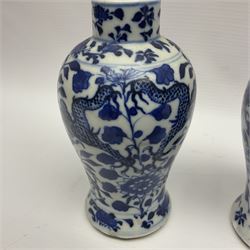 Pair of late 19th/early 20th century Chinese blue and white vases, each of baluster form, painted with dragons amidst flowers, each with Kangxi character marks beneath, H14cm 