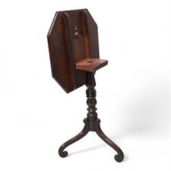 Regency mahogany tripod table, canted square tilt-top on turned column, three out splayed supports with scrolled terminals 