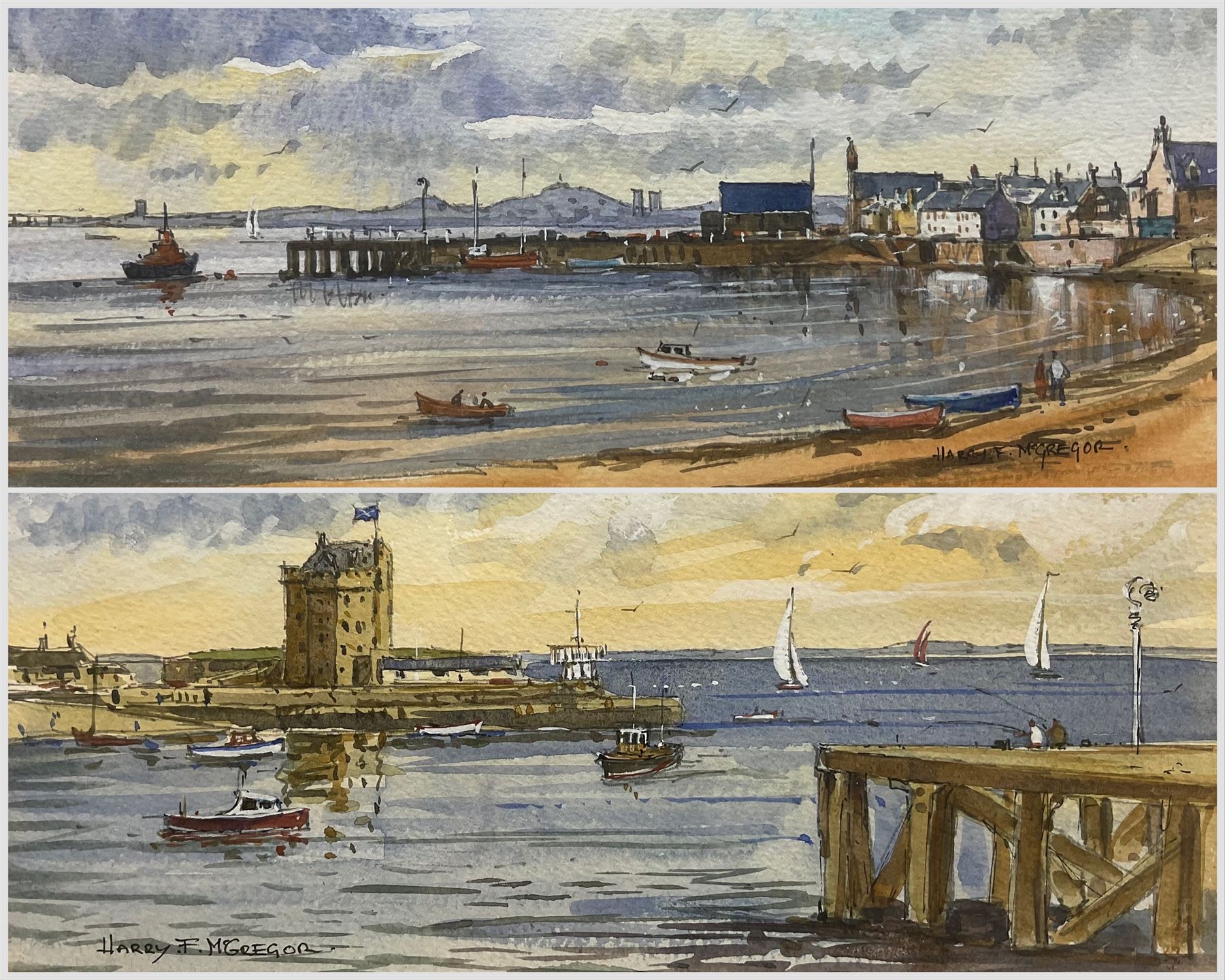 Harry F McGregor (Scottish 1928-2014): Broughty Castle and Beach, pair watercolours signed 13cm x 24cm (2)