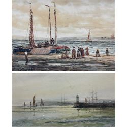 John Hamilton Glass (Scottish 1820-1885): Dutch Fishermen on the Shore, watercolour signed 24cm x 34cm; R Bayles (British 20th century): 'Morning Mists', watercolour signed titled and dated 1947, 14cm x 26cm (2)