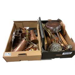 Large collection of metalware, including copper jugs, copper pan etc, in two boxes  