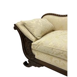 Victorian design walnut framed settee, shaped camelback with gadroon carved edge and central feather motif, upholstered in cream damask fabric with scrolling floral pattern, S-scroll arm facias carved with flower head and curled leaves, feather carved C-scroll splayed feet 