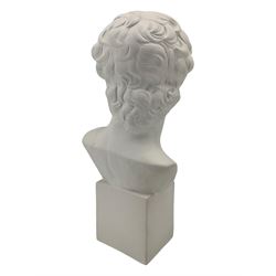 Large plaster bust depicting David, on integral square plinth, H61cm 