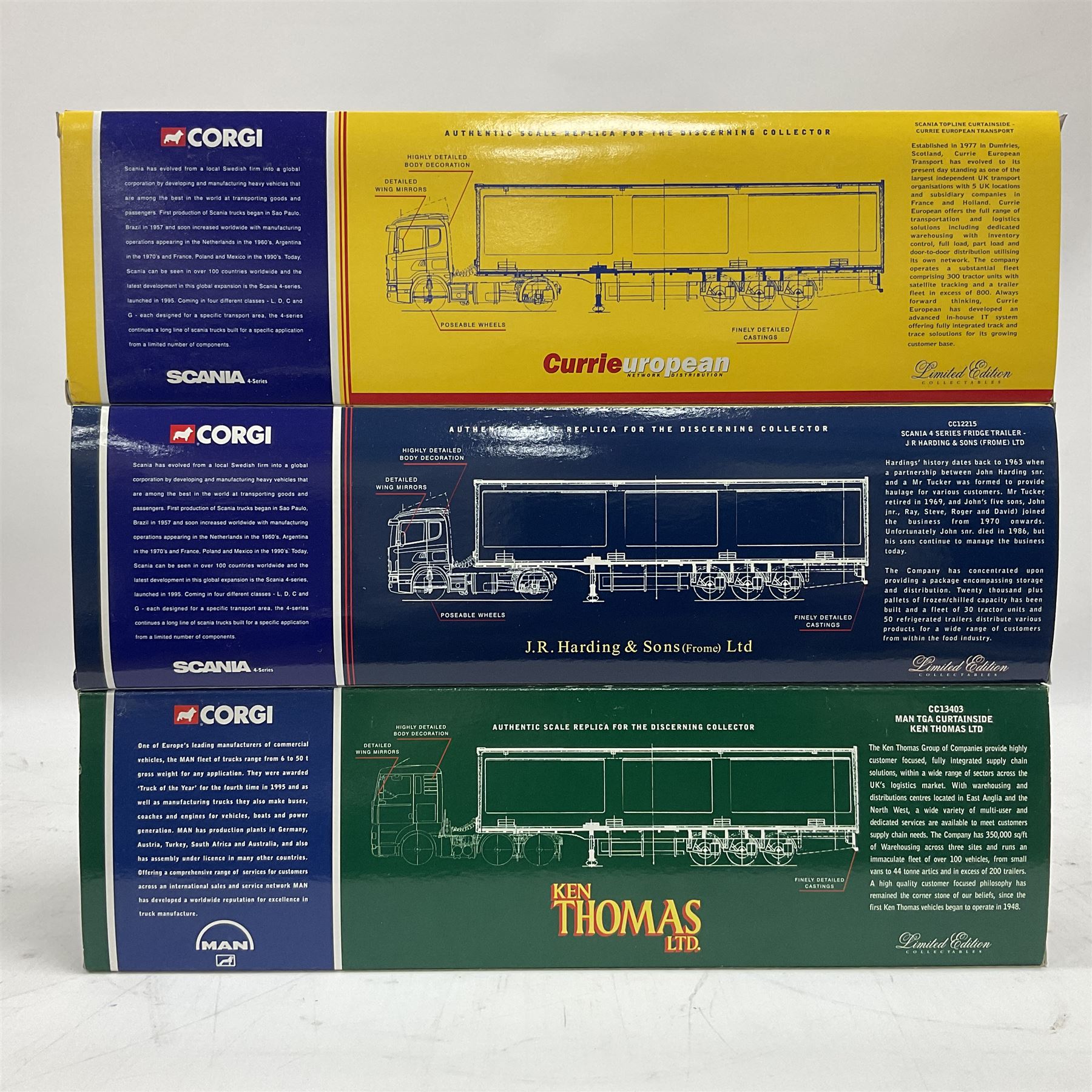 Corgi - three limited edition 1:50 scale heavy haulage vehicles comprising CC13403 MAN TGA Curtainside Ken Thomas Ltd.; CC12215 Scania 4 Series Fridge Trailer J.R. Harding & Sons (Frome) Ltd.; and CC12903 Scania Topline Curtainside Currie European Transport; all boxed (3)