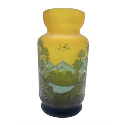 Art Nouveau style glass vase, in the style of Galle,the body decorated with woodland and mountain scene, upon a yellow ground, H20cm 