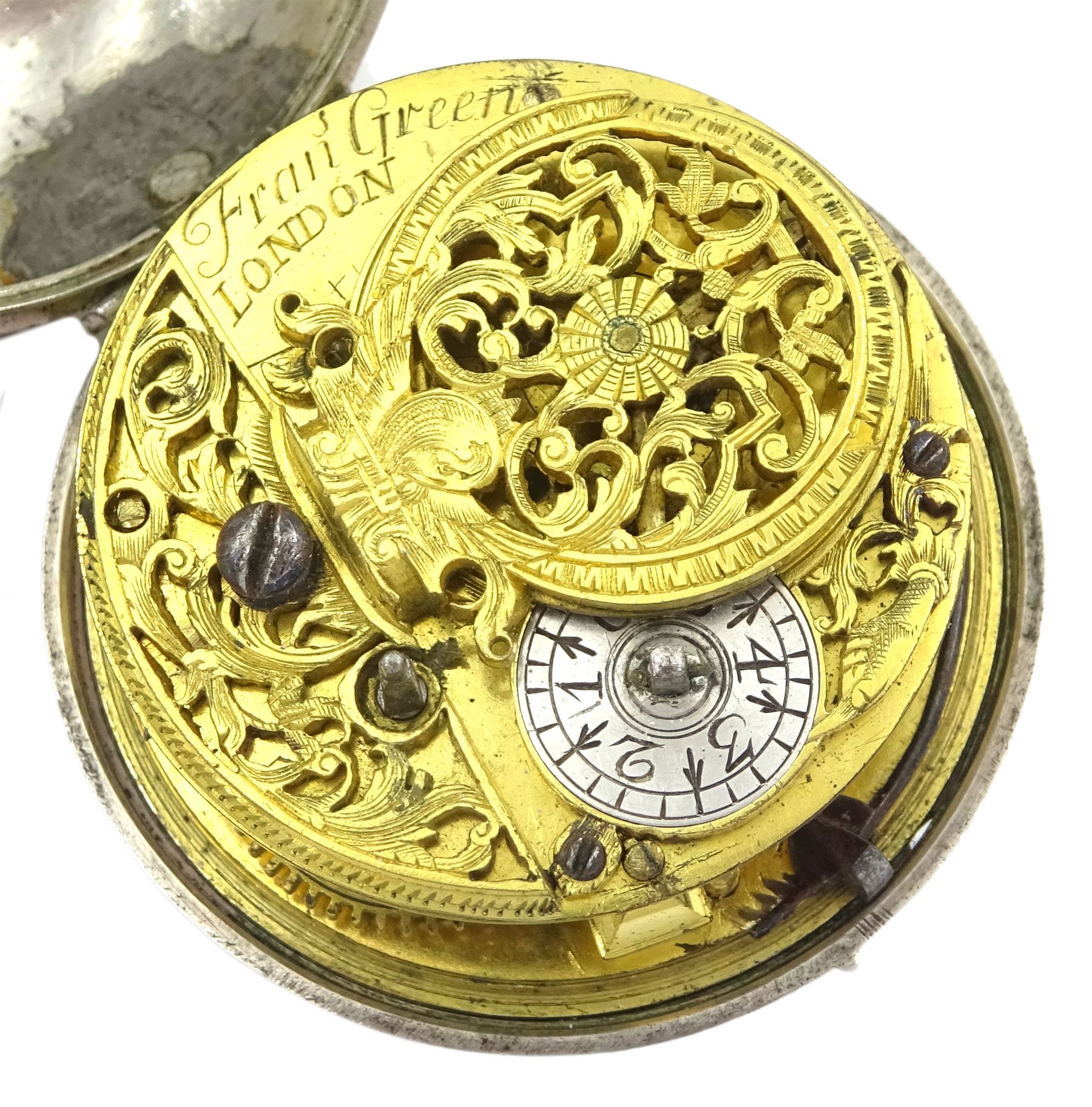 18th / early 19th century silver pair cased verge fusee pocket watch by Francis Green, London, pierced and engraved balance cock, silver champleve dial with gilt border, Roman hours and outer Arabic minute ring, dial signed Green London