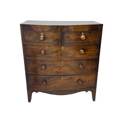 Early 19th century mahogany bow-front chest, fitted with two short over three long graduated cockbeaded drawers, each with turned wooden knobs and bone escutcheon, raised on splayed bracket supports