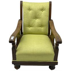 20th century oak framed rocking chair, curved armrests with shaped support panel, upholstered in lime-green fabric with button-tufting on the backrest, concealed springs to facilitate rocking motion underneath, supported by turned front legs with castors