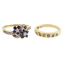 Gold rubover set seven stone fancy light brown diamond ring and a gold sapphire and diamond, double flower head crossover cluster ring, both hallmarked 9ct