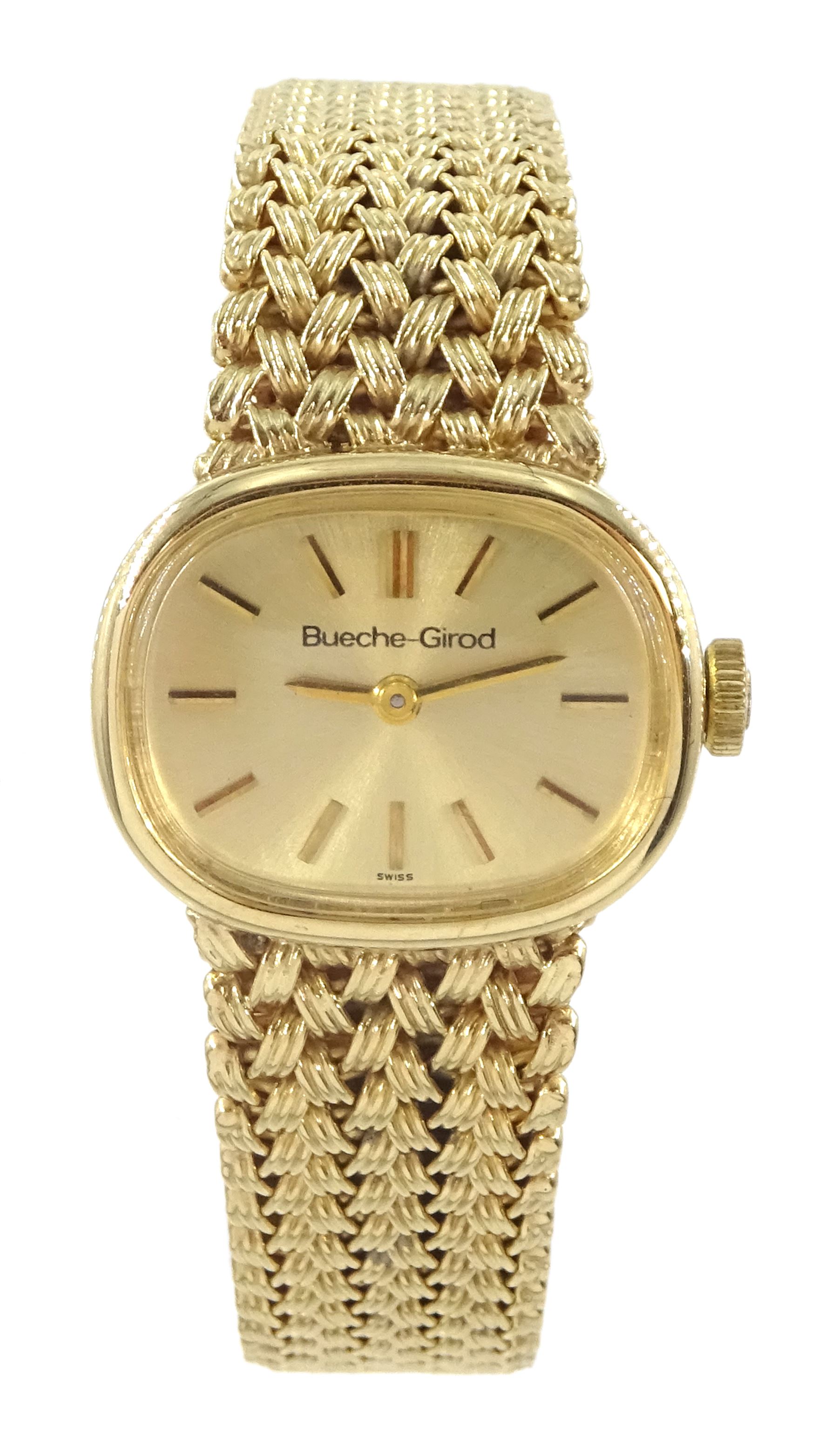 Bueche-Girod ladies 9ct gold manual wind wristwatch, on integral 9ct gold bracelet, London 1979