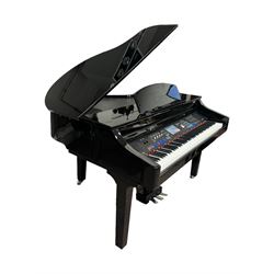 Minster Pianos - Grand 1000 digital grand piano with three foot pedals, touchscreen LCD display, 88 hammer action keys and 8 touch sensitive pads, housed within glossy black lacquered case; adjustable brown upholstered stool