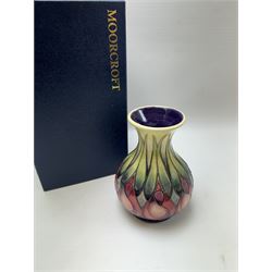 Moorcroft vase, decorated in April Tulip pattern, with markers mark beneath, with original box H16cm