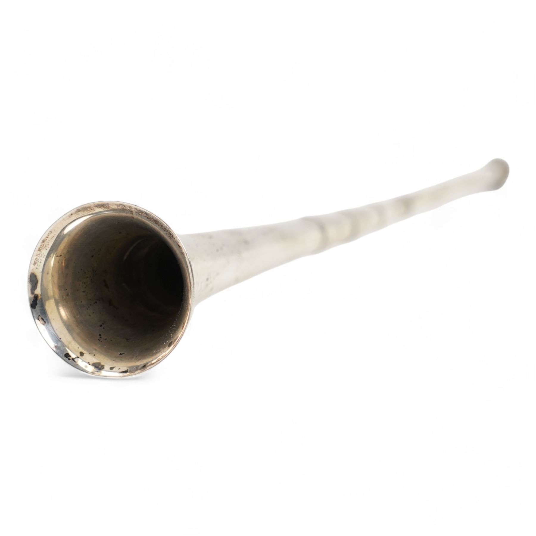 Late Victorian novelty silver candle snuffer in the form of a hunting horn with banded sections to the body L31cm London 1895 Maker Sampson Mordan & Co