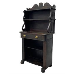 Victorian scumbled pine chiffonier, raised shaped back fitted with two shelves on S-scroll supports, rectangular top with rounded corners over single frieze drawer and open shelf, on projecting rounded sledge platforms and compressed bun feet, scumbled to resemble rosewood 