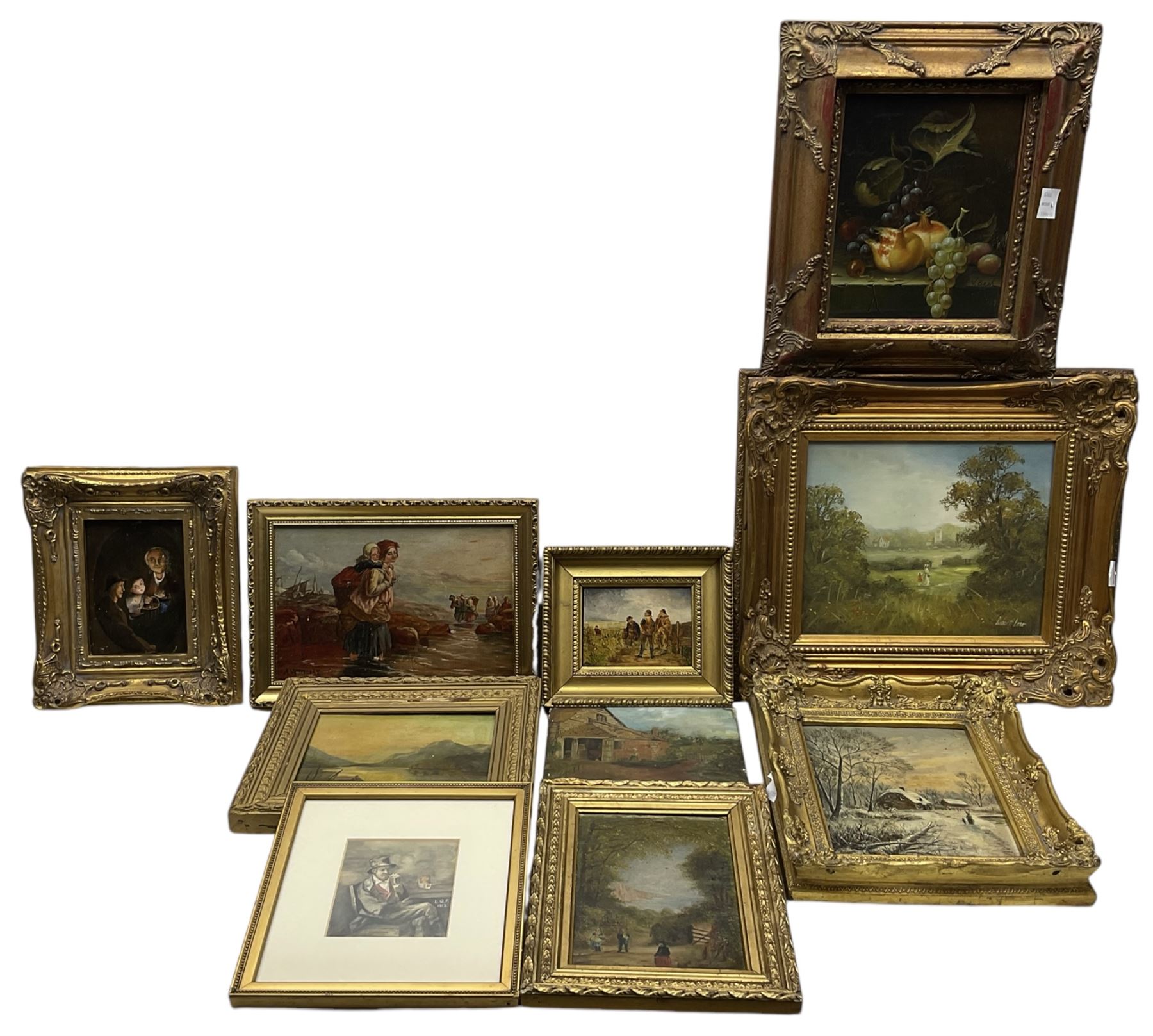 Large collection of original oils and a watercolour variously signed to include Robert Ixer, most in gilt frames, in one box (10)