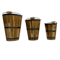 Set of three hardwood and metal bound buckets with handles 