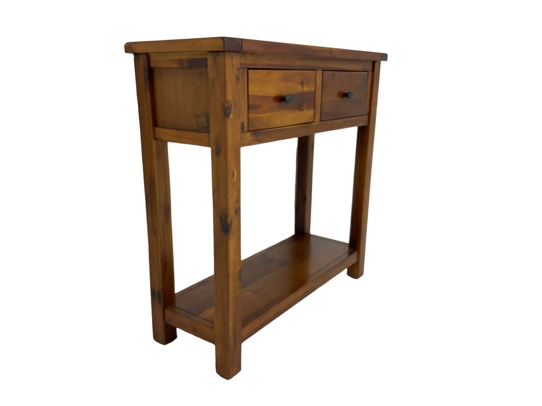 Hardwood side or hall table, rectangular top over two drawers, on square supports joined by undertier 