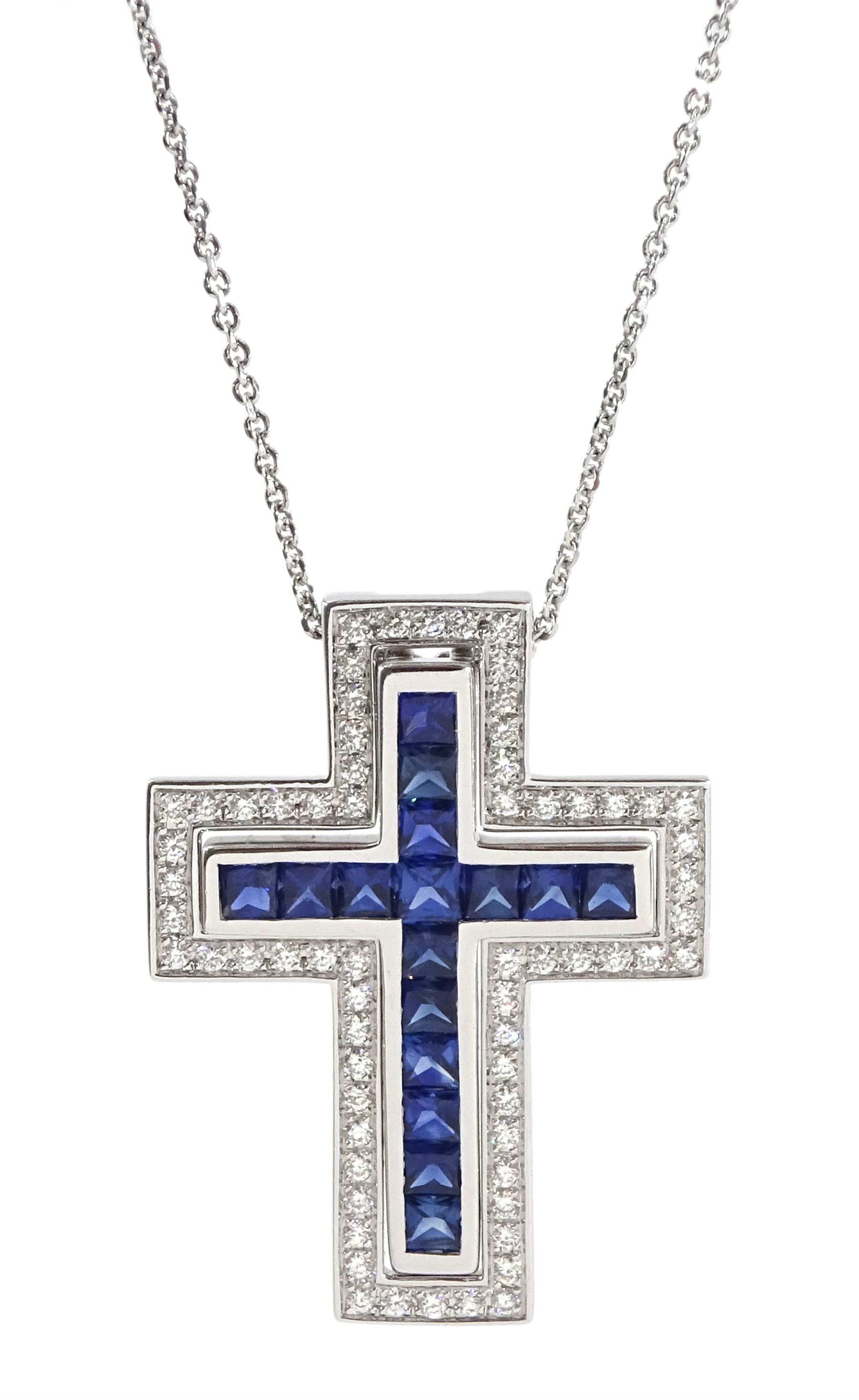 18ct white gold two piece princess cut sapphire and round brilliant cut diamond cross pendant, hallmarked, total sapphire weight approx 1.75 carat, total diamond weight approx 0.50 carat, on silver chain