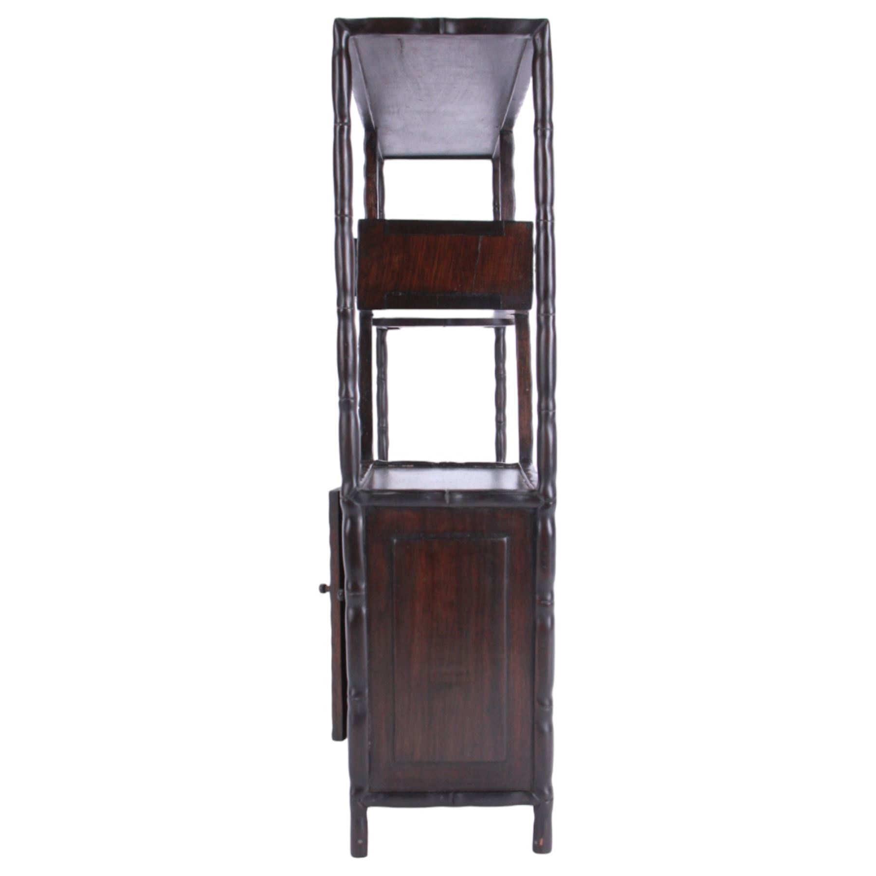 Chinese hardwood multi tier scholars display stand, with built in cabinet and draw, H48cm 