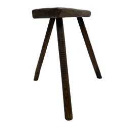 19th century elm cutler's stool, shaped seat on three rib turned supports