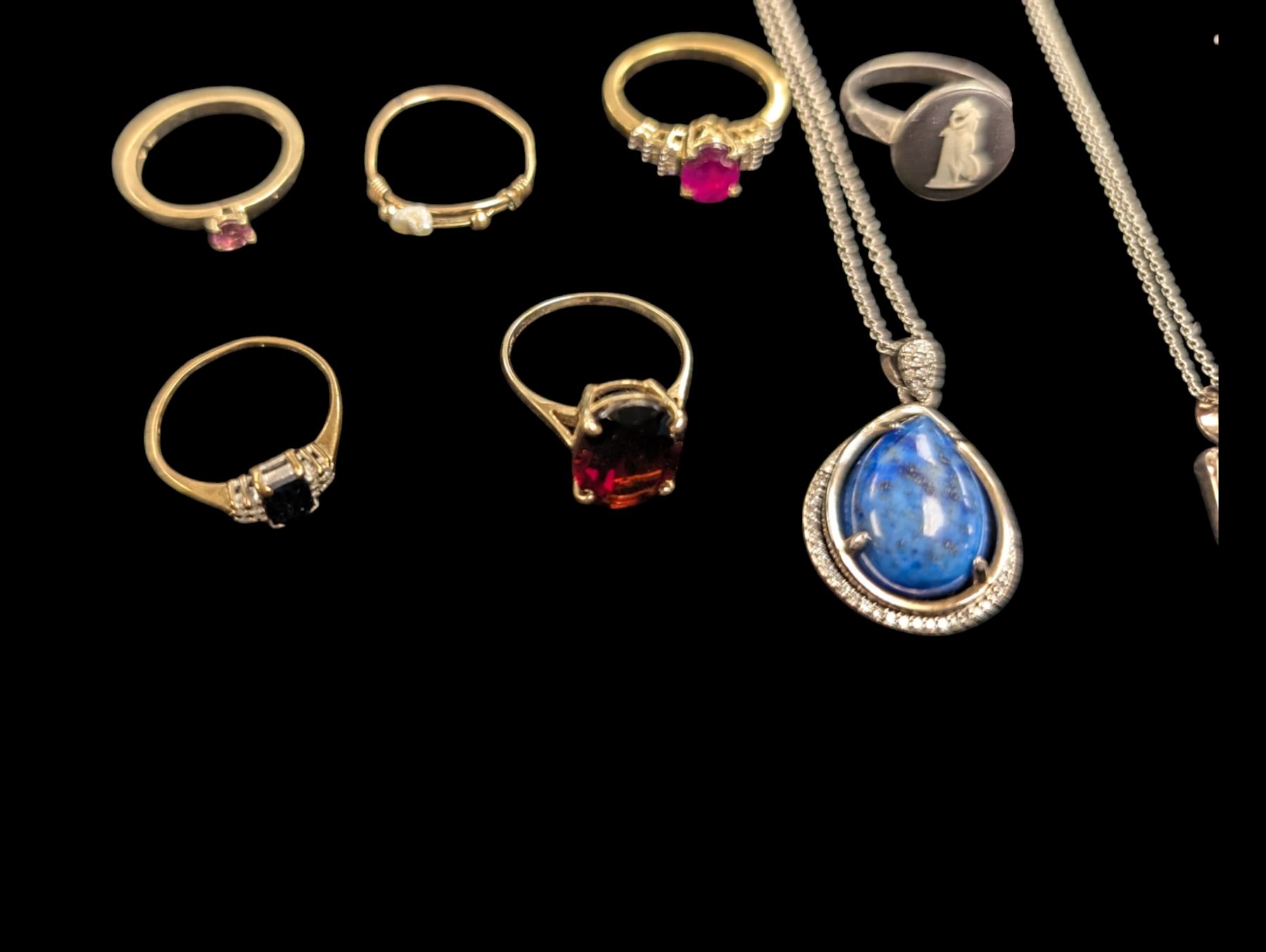 Two gold stone set rings, including 14ct garnet example and a  9ct gold stone set example and silver jewellery including rings, pendants, brooches, etc 