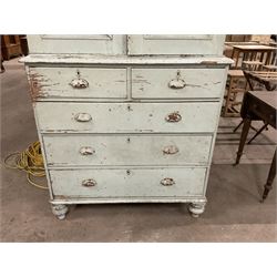 19th century pale blue painted pine housekeepers cupboard, double panelled cupboard enclosing two shelves over two short and three long drawers, on turned feet - THIS LOT IS TO BE COLLECTED BY APPOINTMENT FROM THE OLD BUFFER DEPOT, MELBOURNE PLACE, SOWERBY, THIRSK, YO7 1QY