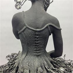 Composite bronzed sculpture, modelled as a ballerina, the skirt and head dress 
 set with glass cabochons, upon a rectangular wooden plinth, H92cm