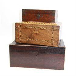 Three inlaid wooden boxes, together with an oak table top cabinet, tallest H42cm