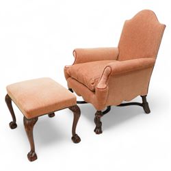 William & Mary design walnut framed armchair, arched cresting rail over rolled arms and C-...