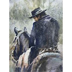 Diego Ferrer (Argentinian Contemporary): Gaucho - Man on Horseback, watercolour signed 19cm x 14cm 