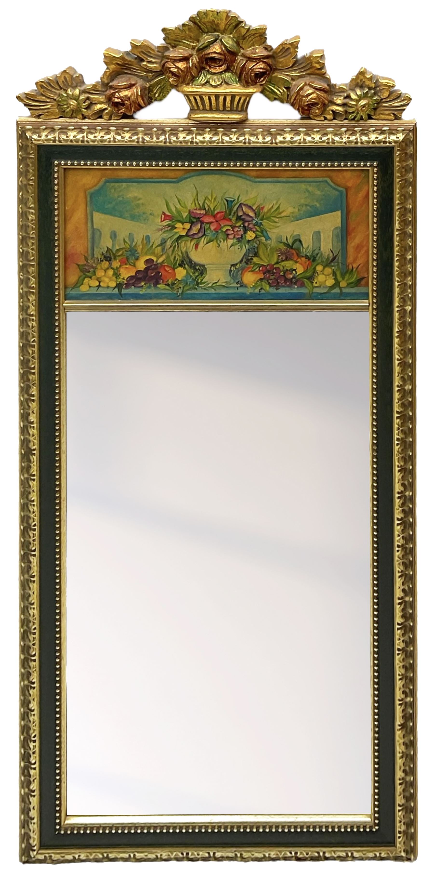 Spanish style wood and composite wall mirror, flower head pediment over plain mirror plate, foliate moulded frame