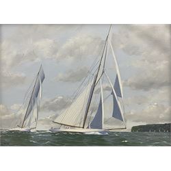 George Drury (British 1950-): 'Lulworth and White Heather II off Cowes 1927', oil on board...