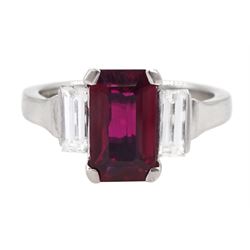 18ct white gold three stone emerald cut Thai ruby and baguette cut diamond ring, hallmarke...