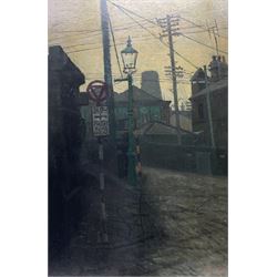 Peter Brook (Northern British 1927-2009): Telegraph Wires at the Road Junction, oil on board signed, dated by the artist c1955 on hand written verso 75cm x 50cm
Provenance: West Yorkshire dec'd estate; the deceased was good friends with the artist.