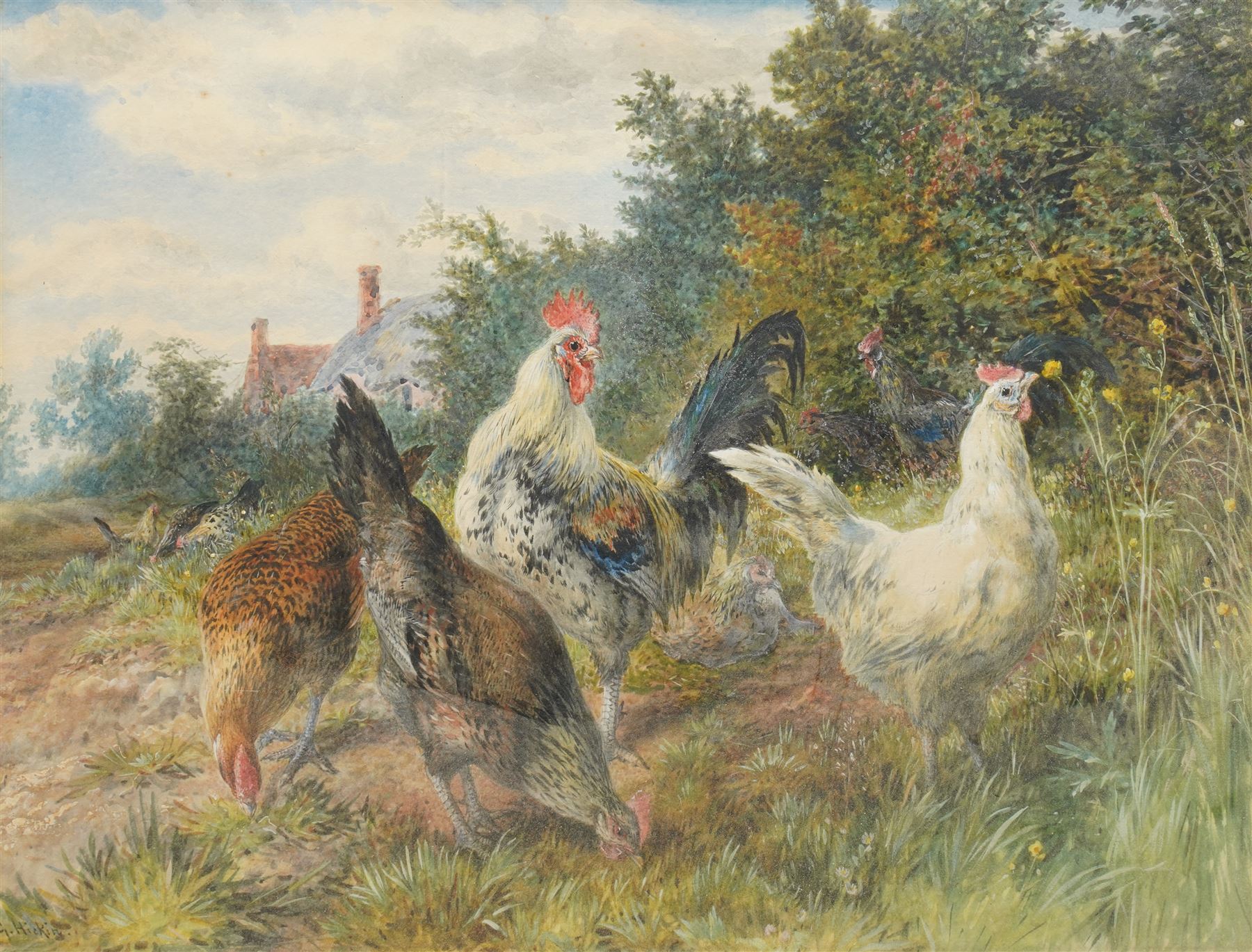 George Arthur Hickin (British 1821-1885): Chickens Feeding by a Farmstead, watercolour signed 34cm x 45cm