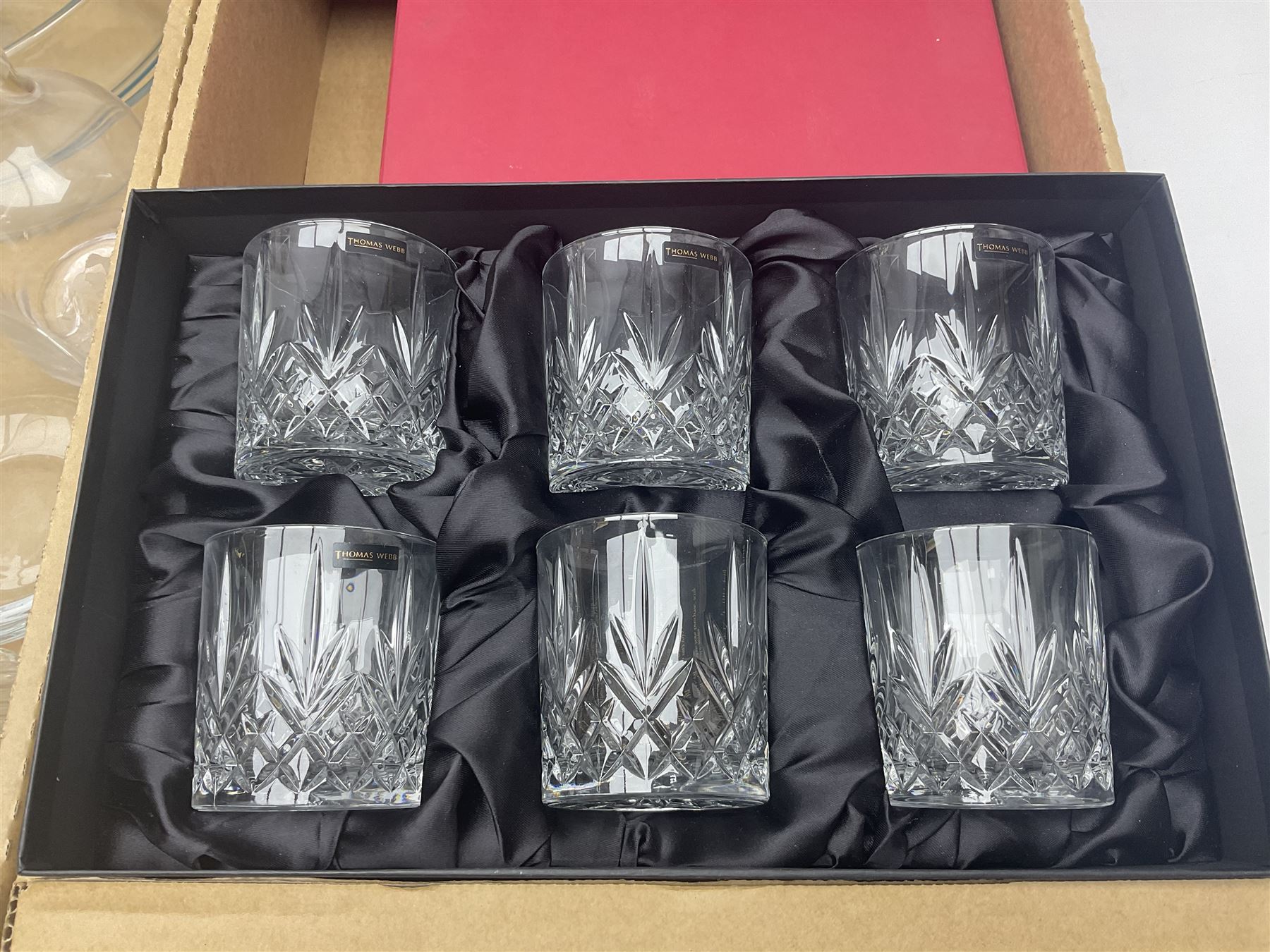 Set of six Royal Scot whisky tumblers, together with cased set of Thomas Wedd glasses, decanters and other glassware, in three boxes 