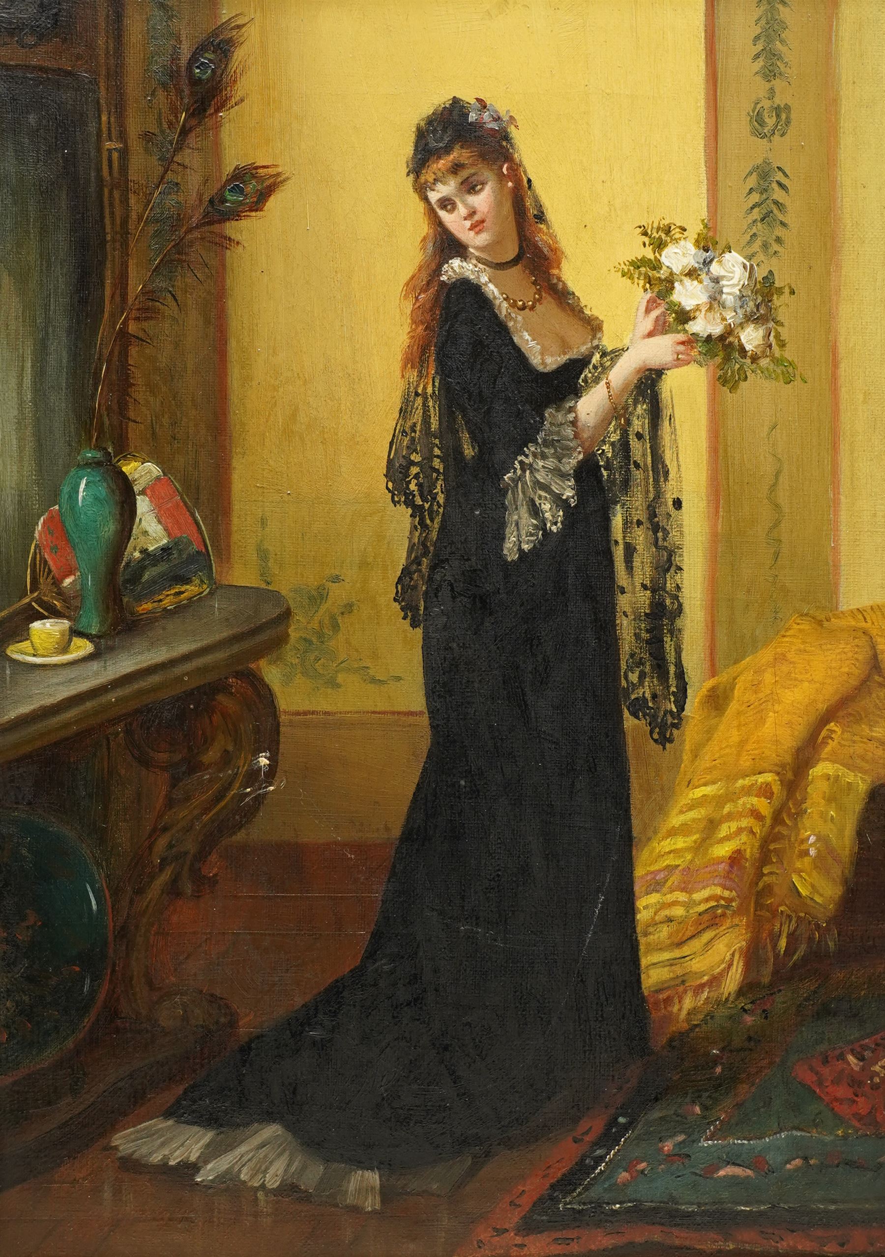 French School (Early 20th century): Interior Scene with an Elegant Lady in a Black Lace Dress holding a Bouquet of White Roses, oil on canvas unsigned 34cm x 24cm