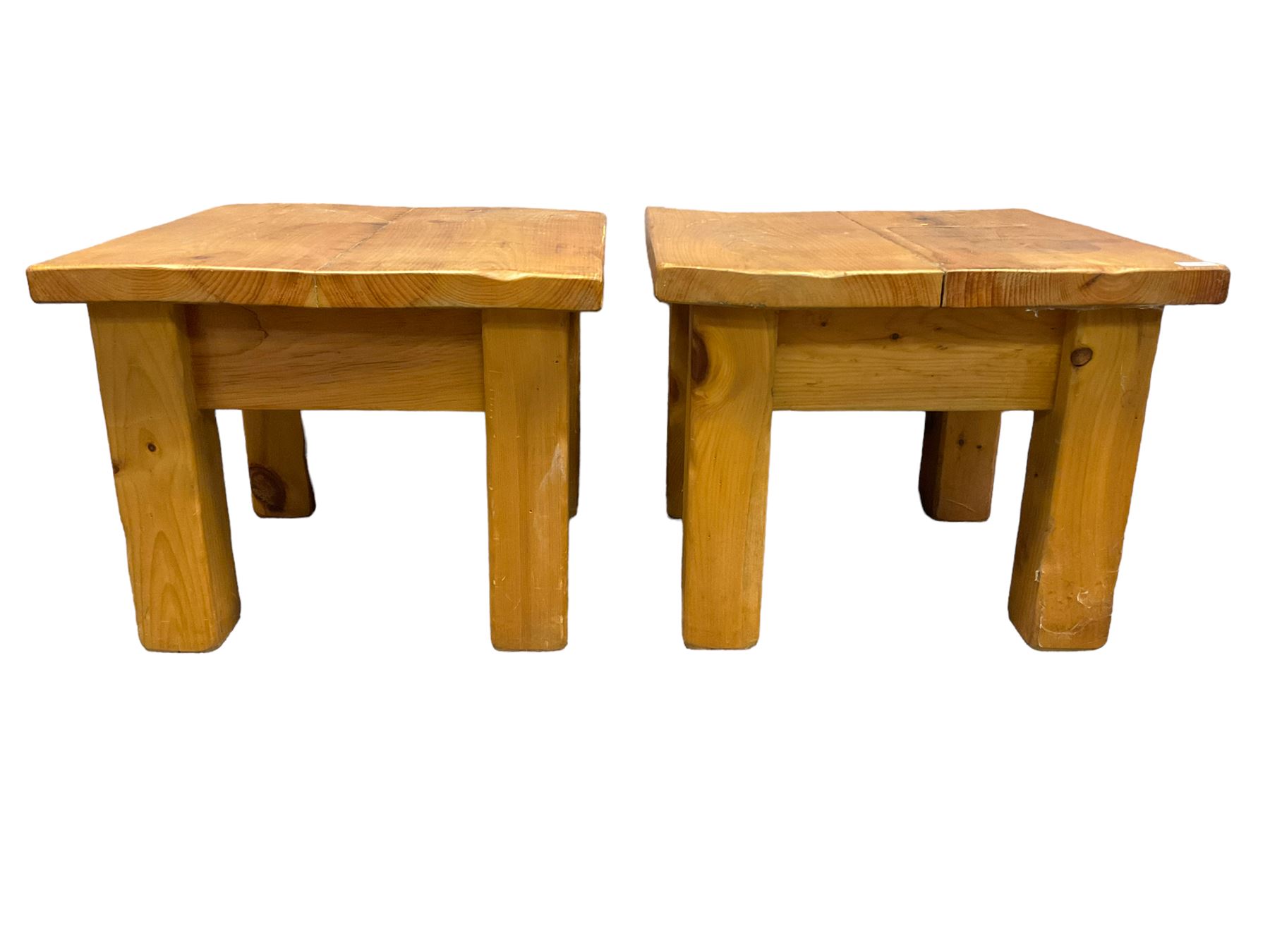 Two pine square coffee tables on block supports