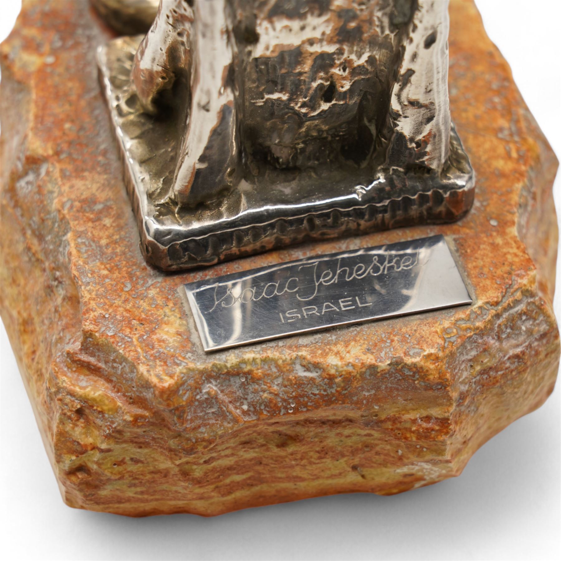 Isaac Jeheskel - Filled silver figure 'Blessing of Seder' marked 925 Sterling on rockwork base H12cm, another religious figure of David playing his harp marked 15/950 and a plaque of Jerusalem marked 925