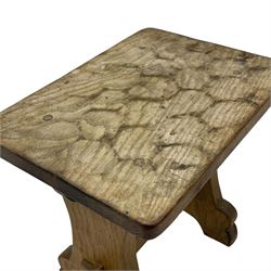 Gnomeman - three oak occasional tables, rectangular adzed top on shaped end supports united by pegged stretcher, each carved with gnome signature, by Thomas Whittaker, Littlebeck, the largest - 46cm x 29cm, H37cm