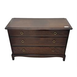 Stag Minstrel - mahogany chest of drawers, rectangular top over three drawers with brass ring pulls, on bracket feet